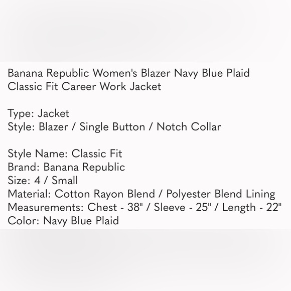 Navy plaid blazer sz4 Banana Republic - Picture 5 of 5